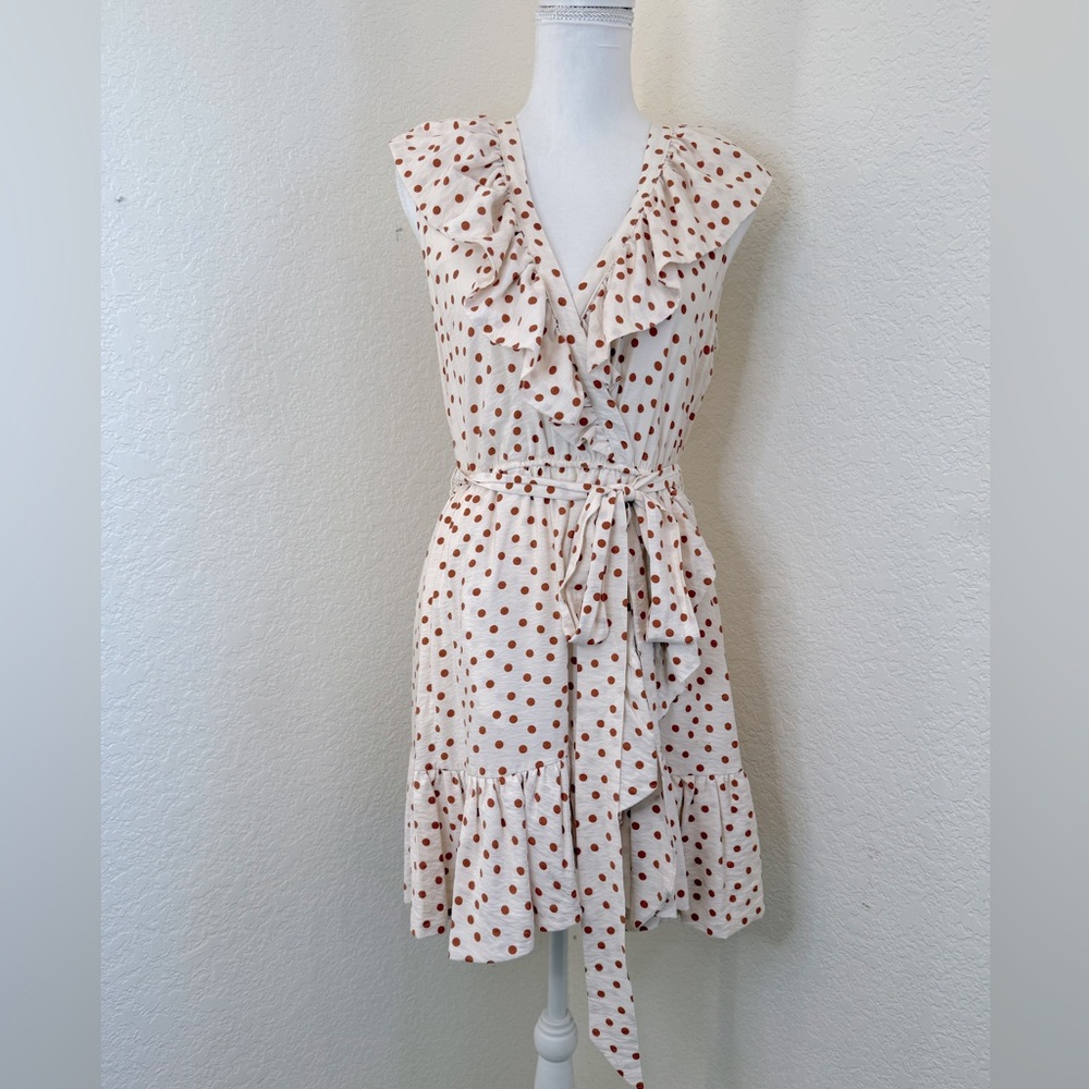 Maeve Anthropology Cream and Rust‎ Polka-dot Ruffled Tie Waist Mini Dress.